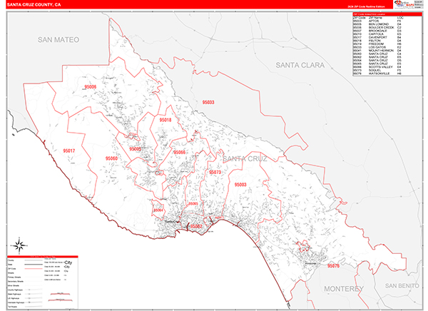 Santa Cruz County, CA Map Red Line Style
